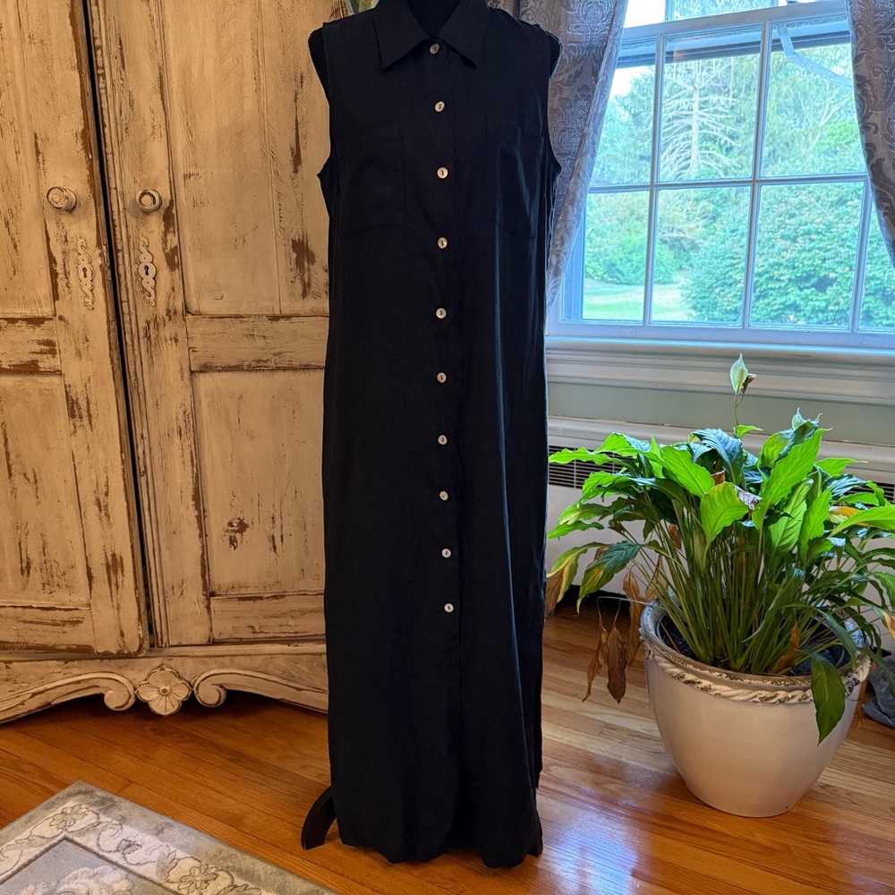 Vintage Valerie Steven’s Pure Linen Sleeveless Maxi Shirt Dress. Black. Sz 8 - Picture 4 of 12